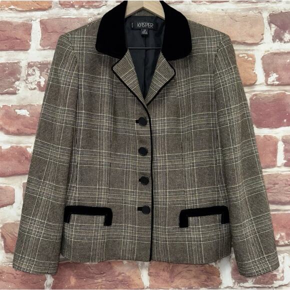 Kasper Jacket Womens 12 Petite Multicolor Plaid Velvet Velour Trim Casual Career - Picture 1 of 9